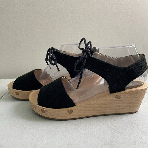Sedette Sandal Co. Black Canvas & Wood Platform Wedge Retro Sandals Size 9.5 - Picture 7 of 11